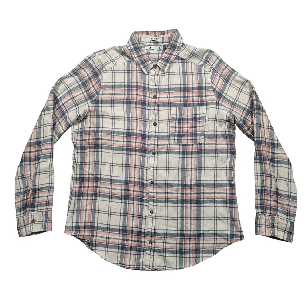 Hollister Button Down Women S Boyfriend Fit Plaid Pink Blue Soft Flannel Shirt